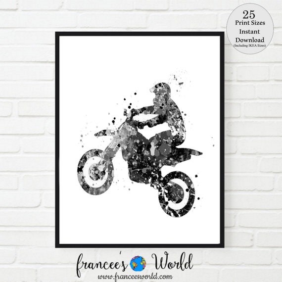 Motocross Dirt Bike Black and White Printable, Watercolor Print Motorcycle, Sport Bike Motorbike ,Racing Bike Motocross Boys room art Il_570xn