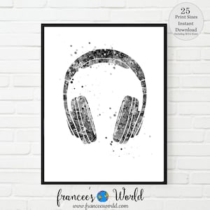 Könnte beinhalten: Schwarz-weiß-Aquarell-Illustration eines Kopfhörers. Der Kopfhörer ist von kleinen schwarzen und weißen Punkten umgeben.
