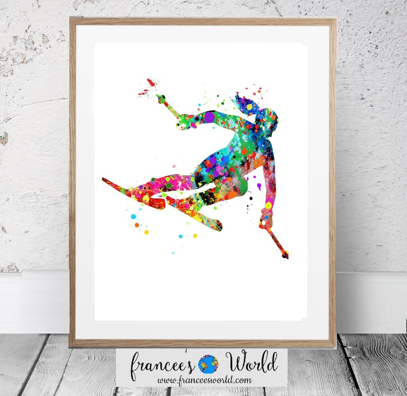 K&ouml;nnte beinhalten: Ein Aquarellbild einer Person beim Wasserski. Das Bild ist in verschiedenen Farben gehalten, darunter Rot, Orange, Gelb, Gr&uuml;n, Blau, Lila und Pink. Die Person befindet sich in der Luft, die Ski sind nach vorne ausgestreckt. Das Wasser ist hellblau.