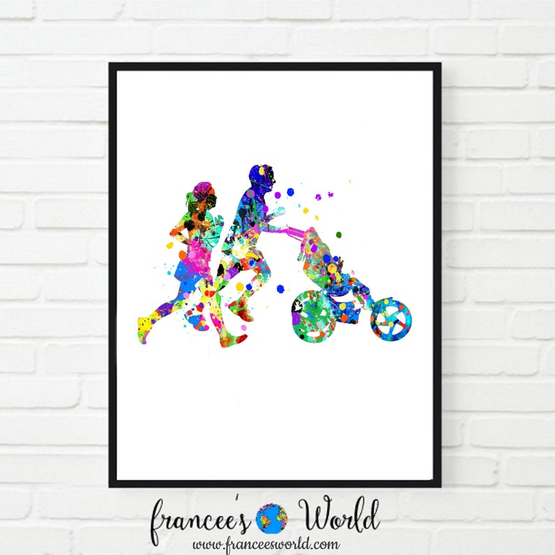May include: A watercolor painting of a family running. The father is pushing a stroller with a baby inside. The mother is running next to him. The painting is done in a colorful style with splashes of paint.