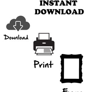 K&ouml;nnte beinhalten: Sofortiges Download-Grafik mit einem Cloud-Symbol, einem Druckersymbol und einem Bilderrahmensymbol. Der Text "Download", "Drucken" und "Rahmen" steht unter jedem Symbol.