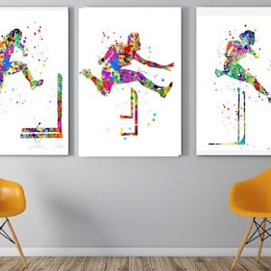 May include: Three watercolor paintings of athletes jumping over hurdles. Each painting features a different pose and is done in a vibrant, colorful style.