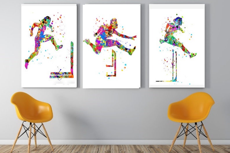 May include: Three watercolor paintings of athletes jumping over hurdles. Each painting features a different pose and is done in a vibrant, colorful style.