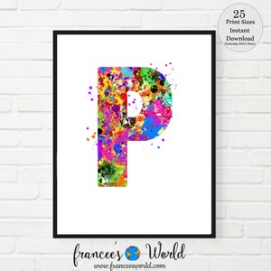 Decoração de dormitório com letra P, impressão de letra P, pôster de letra, IMPRIMÍVEL, aquarela de letra P, berçário de letra P, monograma de letra P, letra P, inicial P