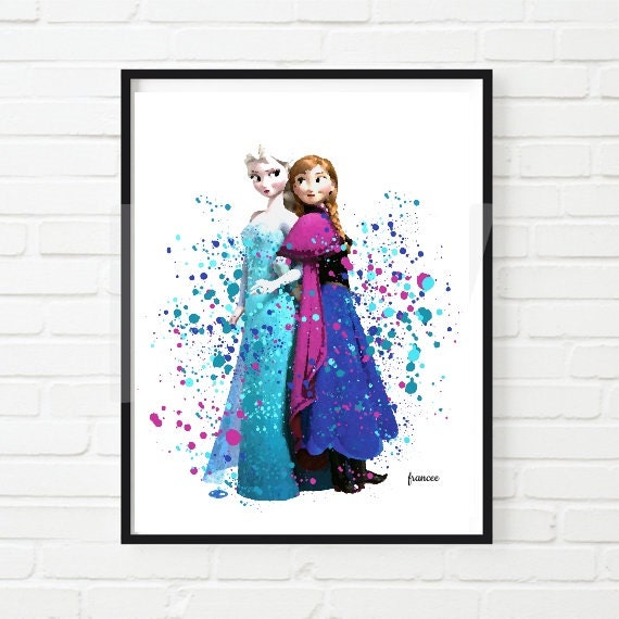 Frozen PRINT Elsa and Anna Watercolor Disney inspired Princess Art Print Instant Download, Kid Room Art,Children Art Nursery Little Girl Art Il_570xn