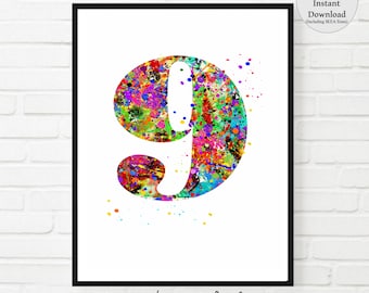 Sport Art Print Watercolor Number 9 Print, Colorful Kids Room Art