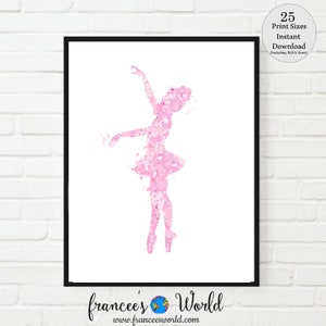 May include: A pink watercolor ballerina silhouette with a white background. The image is framed with a black frame. The text "frances' World" is at the bottom of the image.