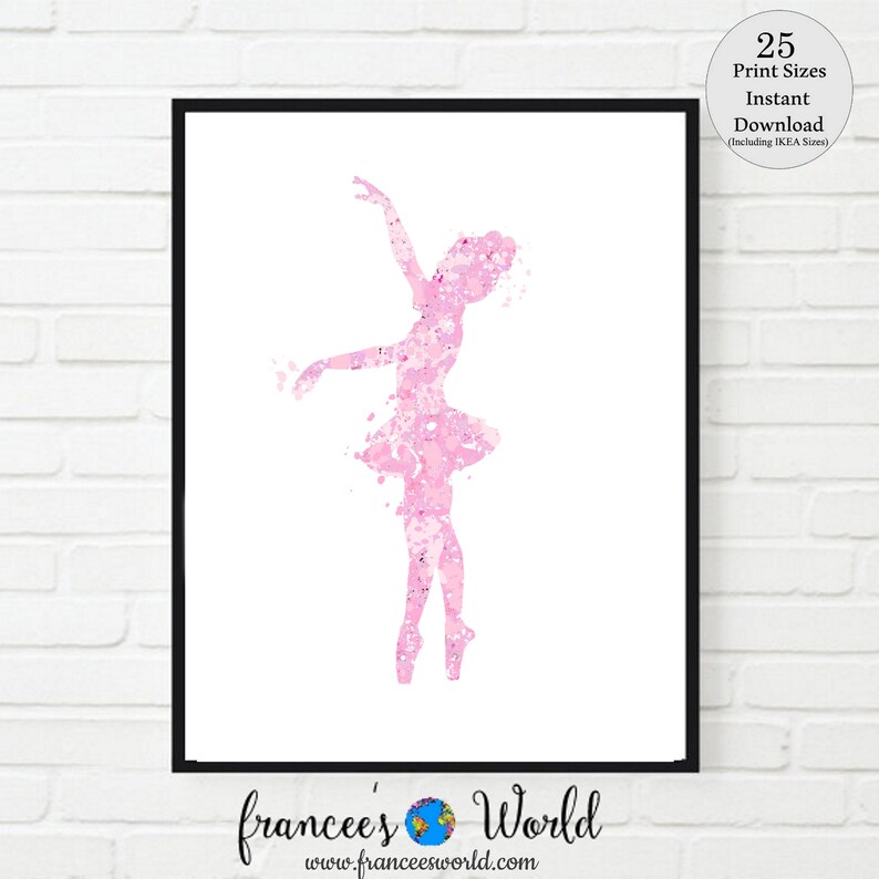 May include: A pink watercolor ballerina silhouette with a white background. The image is framed with a black frame. The text "frances' World" is at the bottom of the image.