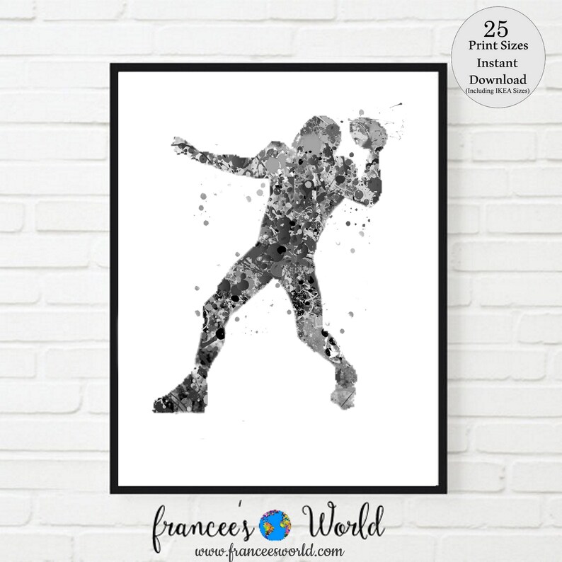 May include: Black and white watercolor painting of an American football player in action. The player is throwing the ball and is in mid-air. The painting is done in a splatter style, with the paint splattered across the canvas.