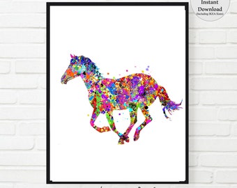 May include: A colourful watercolour painting of a horse running. The horse is painted in shades of pink, blue, green, yellow, and purple. The background is white.