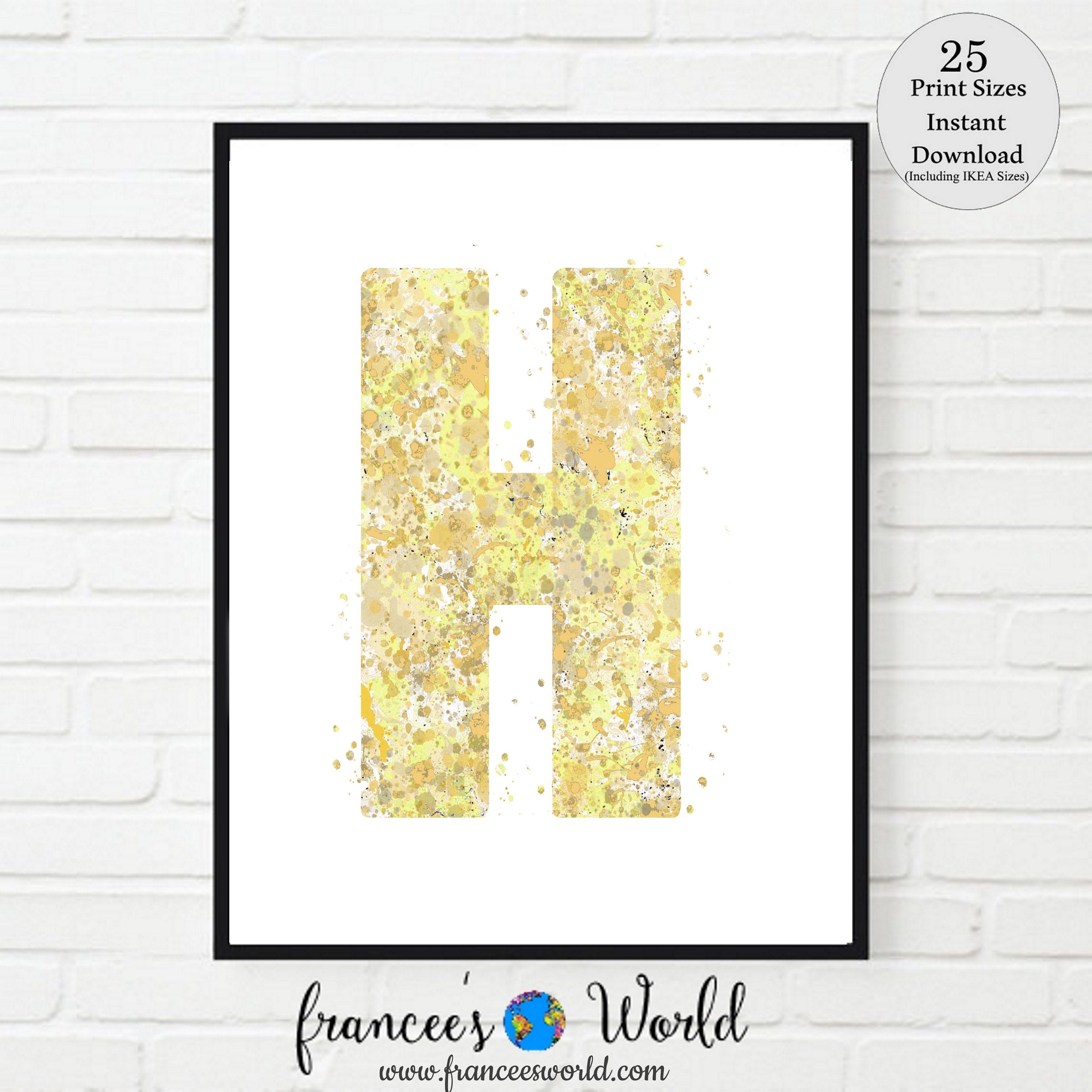 Buchstabe H Studentenwohnheim Dekor, Gelber Buchstabe H Druck, DRUCKBAR, GelbBuchstabe H Aquarell, Buchstabe H Kinderzimmer, JFMonogramm, Buchstabe H, Initial H, Gelb