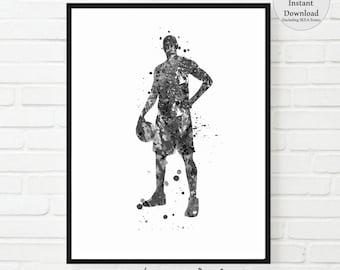 May include: Black and white watercolor illustration of a basketball player with a basketball in their hand. The player is standing with their left hand on their hip. The background is white.