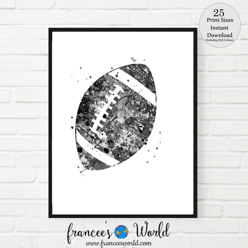 May include: Black and white watercolor painting of an American football. The football is surrounded by splatters of paint.