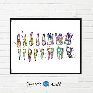 May include: A watercolor painting of a set of teeth, showing the different types of teeth in the mouth. The teeth are painted in a variety of bright colors, including pink, blue, green, yellow, and orange. The painting is set against a white background.