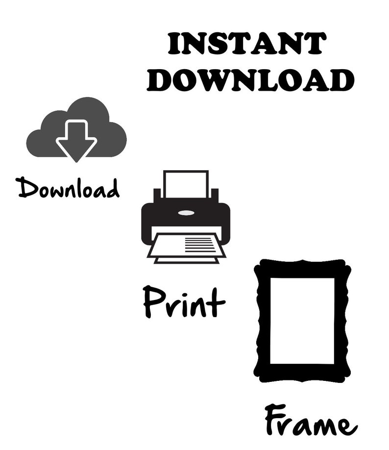 May include: Instant download graphic with a cloud icon, a printer icon, and a picture frame icon. The text "Download", "Print", and "Frame" are written below each icon.