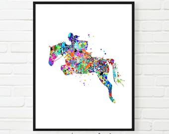 May include: A colourful watercolour painting of a person riding a horse jumping over an obstacle. The painting is done in a splatter style with bright colours like pink, blue, green, yellow, and orange.