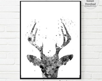 Deer Print, black and White Deer Head and Antlers, Deer Watercolor, Printable Wall Art Poster, Woodlands Decor,Antlers Poster Moose