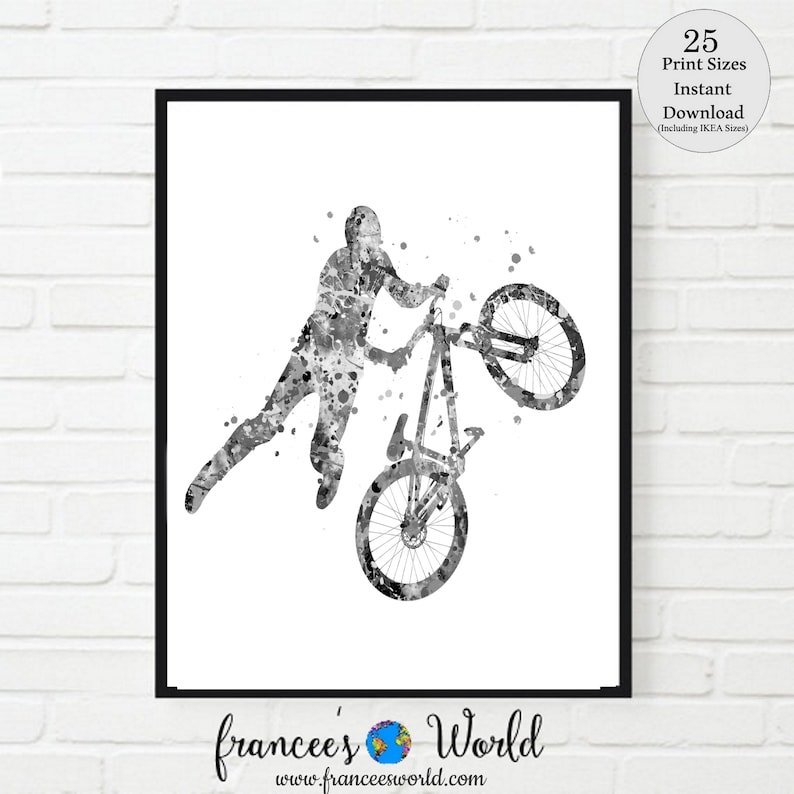 May include: Black and white watercolor painting of a person performing a BMX trick. The person is in mid-air, with their legs extended and their arms outstretched. The BMX bike is upside down, with the front wheel in the air. The background is white.