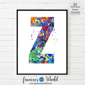 Decoração de dormitório com letra Z, impressão de letra Z, arte de letra Z, IMPRIMÍVEL, aquarela de letra Z, berçário de letra Z, monograma de letra Z, letra Z, inicial Z