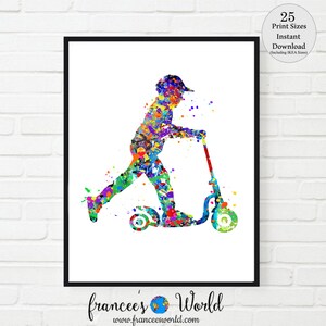 Scooter Boy Print, Boy on Scooter, Printable, male  scooter, Watercolor, scooter poster, boys room art, scooter kid, soocter posterDorm art