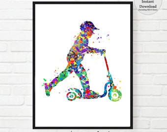 Scooter Boy Print, Boy on Scooter, Printable, male  scooter, Watercolor, scooter poster, boys room art, scooter kid, soocter posterwall art