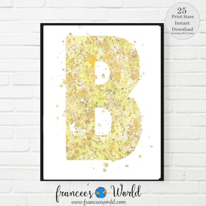 Letter B Dorm Decor, Letter B Print, Yellow PRINTABLE, Letter B Watercolor, Letter B Nursery, B Monogram, Letter B ,Initial  B Dorm art