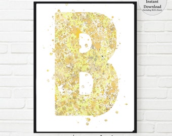 Yellow Letter B Watercolor Print, Nursery Decor (Digital Download)