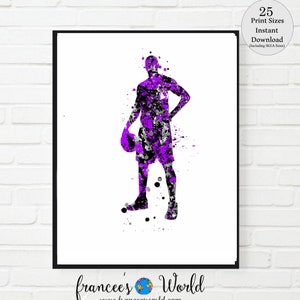 Peut inclure: Silhouette aquarelle d'un joueur de basket-ball tenant un ballon de basket, en violet et noir. L'image a un effet de peinture &eacute;clabouss&eacute;e.