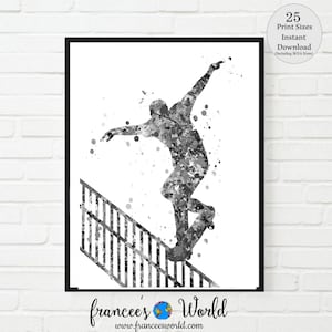 Skateboard black and white print boy skateboard stunt, skateboard Watercolor, Skateboard decor, PRINTABLE, boy room art, skater art, skate