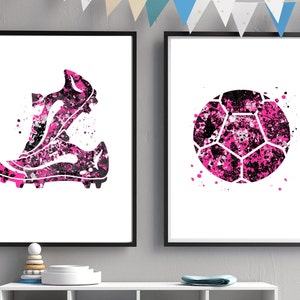 Soccer ball and Soccer shoes print set, pink Soccer printable art, Soccer posters, Sport art, teen girl room, pink decor, soccer player gift