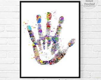 Child and Parent hand print. Hand in hand, nursery art, fingerprint art, watercolor, baby shower gift, hand decor, PRINTABLE art, colorful