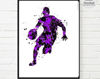 May include: Purple and black watercolor silhouette of a basketball player dribbling the ball. The player is in mid-air, with their legs bent and their arms extended. The background is white.