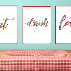 Eat Drink Love Print Kitchen decor  Watercolor Print  Set of 3 Kitchen PRINTABLE Dining Room Print Kitchen Dorm Art Housewarming Gift