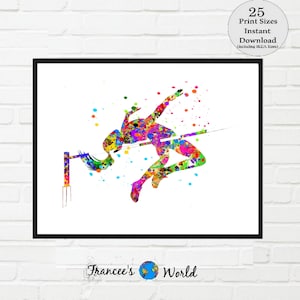High jump print, woman high jump, sport art, track and field art, high jump art, Instant download, jumper, girl athlete, sport watercolor