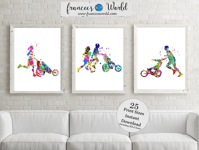 May include: Three watercolor paintings of people running with a stroller, a wagon, and a bicycle. The paintings are in a variety of colors, including blue, green, red, yellow, and purple. The paintings are framed in white frames and are hanging on a white brick wall.