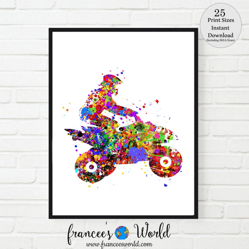May include: A colorful watercolor painting of a person riding an ATV. The ATV is surrounded by colorful paint splatters.