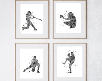 Baseball, black and white PRINTABLE, baseball Watercolor, baseball gift, boy room decor, Baseball Pitcher, Baseball Decor, Baseball catcher