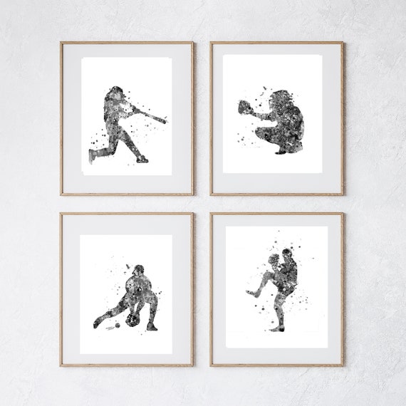 Baseball black and white PRINTABLE Watercolor Baseball set of 4 boy room decor, Baseball Pitcher, Baseball Decor, Baseball catcher boy room Il_570xn