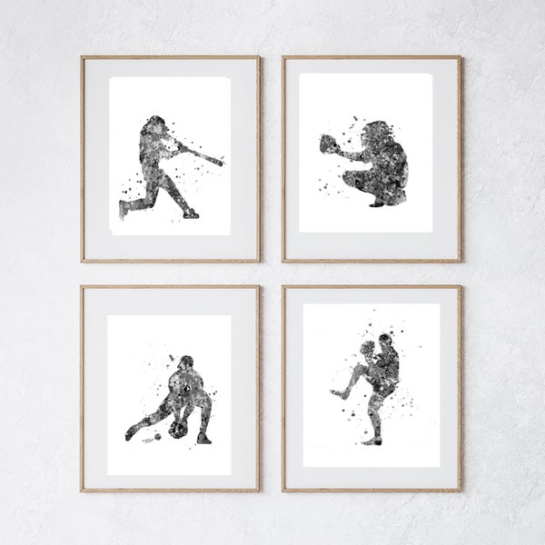 Baseball, schwarz und weiß DRUCKBAR, Baseball Aquarell, Baseball Geschenk, Jungenraumdekor, Baseball-Pitcher, Baseball-Dekor, Baseball-Fänger