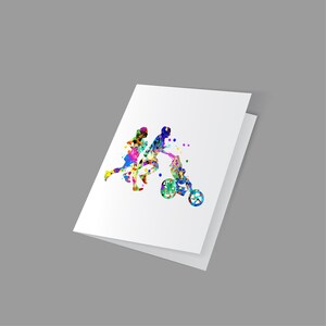 May include: A colorful watercolor illustration of a family running. The father is pushing a stroller with a child inside. The mother is running beside him. The illustration is on a white card.
