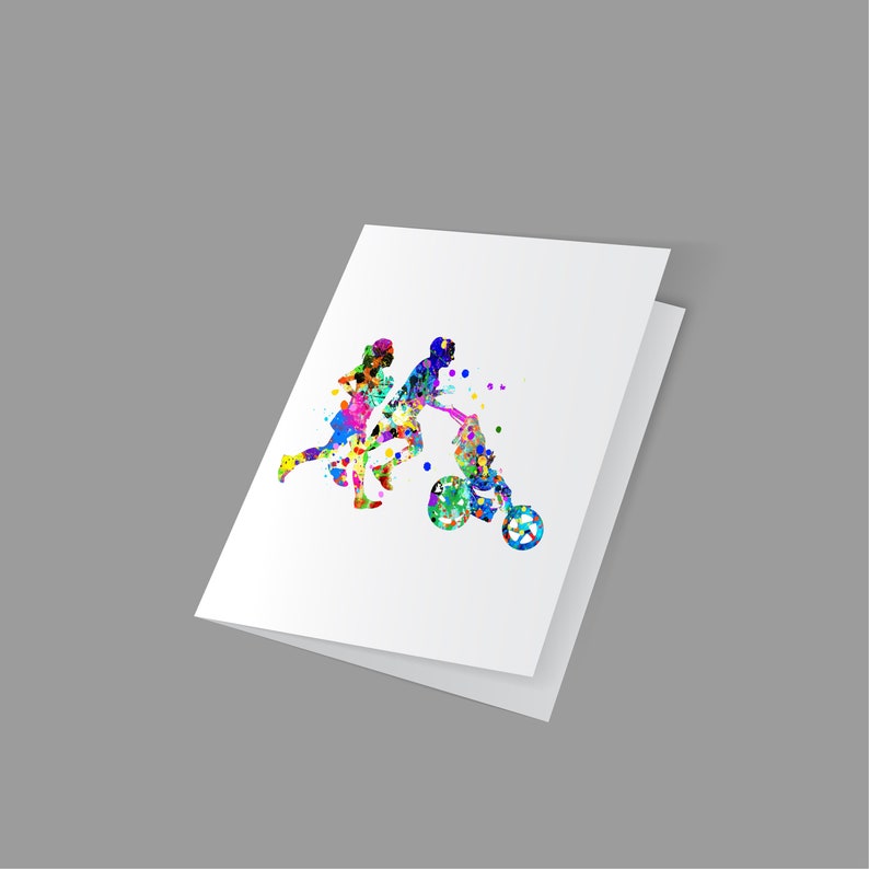 May include: A colorful watercolor illustration of a family running. The father is pushing a stroller with a child inside. The mother is running beside him. The illustration is on a white card.