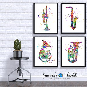 Musical horn prints, Set of 4, musical instruments, saxophone, french horn, tuba, trumpet printable, music Dorm art jazz , music room decor