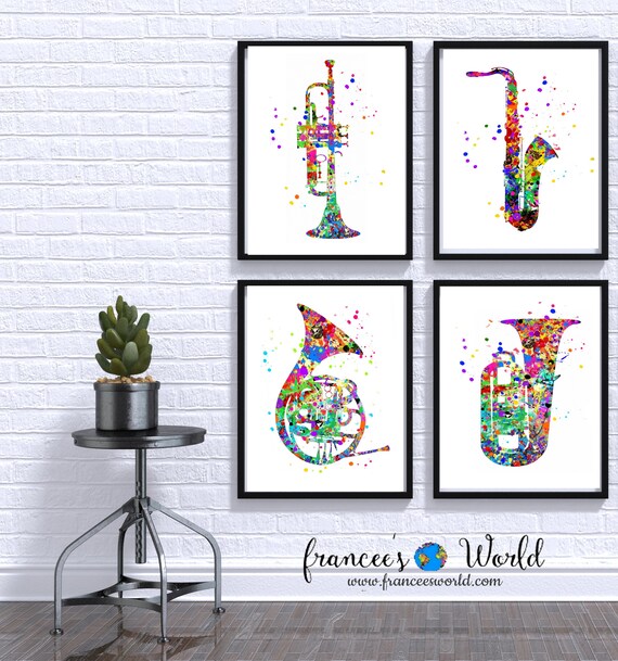 Musical horn prints, Set of 4, musical instruments, saxophone, french horn, tuba, trumpet printable, music wall art jazz , music room decor Il_570xn