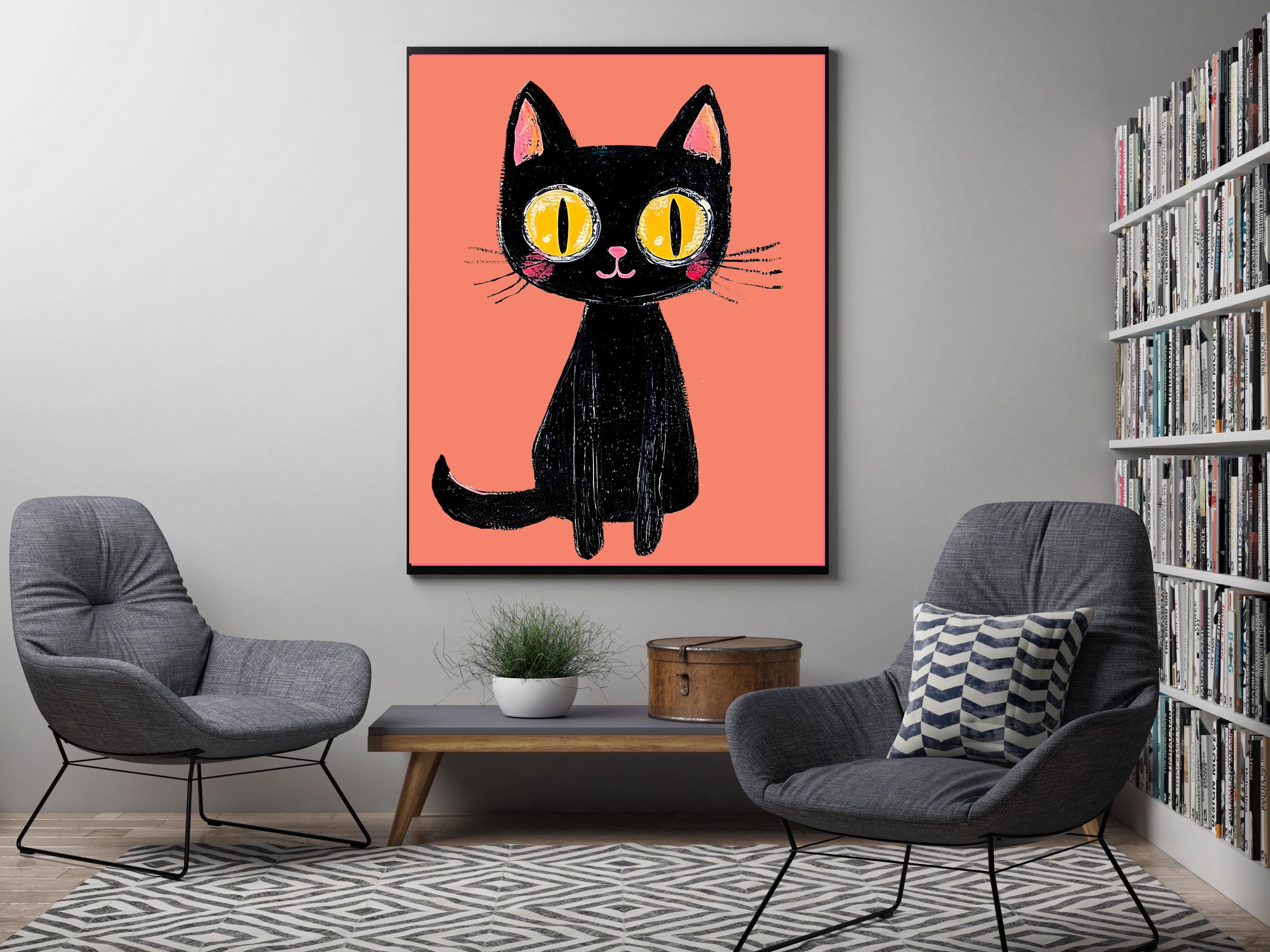 黒猫の水彩画：オレンジ色の部屋の寮の装飾（デジタルダウンロード