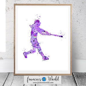 Softball PRINT, Purple softball, PRINTABLE Watercolor, Softball Art, Softball Poster, Softball Decor, Softball party, Softball Hitter, Sport