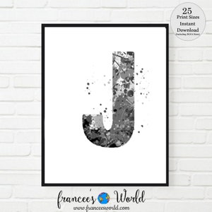 Decoración de dormitorio con la letra J, impresión con la letra J, blanco y negro, IMPRIMIBLE, acuarela con la letra J, guardería con la letra J, monograma con la letra J, letra J, inicial J
