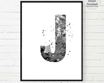 Letter J Wall Decor, Letter J Print, black and white, PRINTABLE, Letter J Watercolor, Letter J Nursery, J Monogram, Letter J ,Initial J