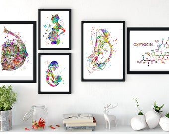 Schwangerschafts-Aquarelldruck: Oxytocin-Molecule, Schwangerschafts-Kunstdruck (5er-Set) (Digitaler Download)