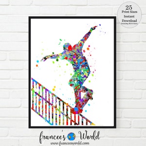 Skateboard Boy Art, Boy skateboard Poster, skateboard Watercolor, Skateboard decor, PRINTABLE, boy room art, skate board, skate poster image 1