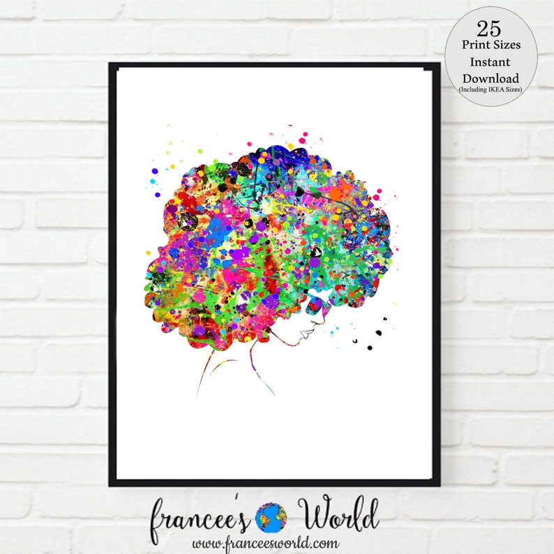 May include: A colorful abstract watercolor painting of a woman with an afro. The painting is done in a variety of bright colors, including pink, blue, green, yellow, and orange. The woman's face is outlined in black, and her hair is styled in a large, curly afro. The background is white.